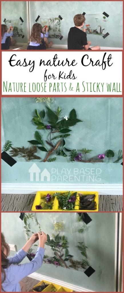 easy nature craft for kids - nature loose parts and a sticky wall. Mess free, educational, creative play